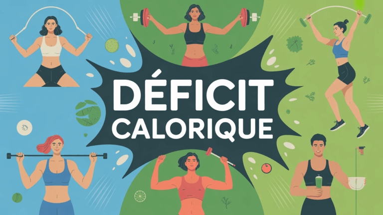 Illustration déficit calorique, assiette saine et silhouettes sportives