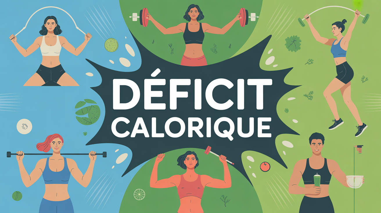 Illustration déficit calorique, assiette saine et silhouettes sportives