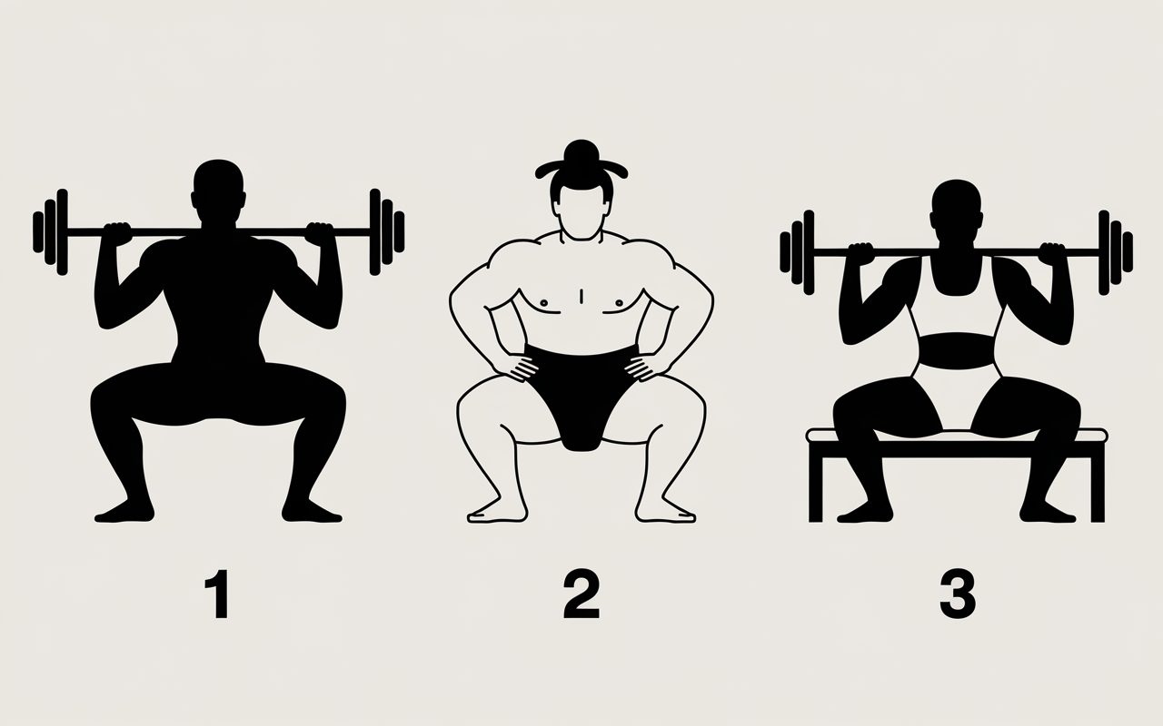 Variantes squat fessier classique, sumo, bulgare