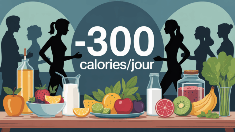 table aliments sains et personnes en mouvement -300 calories par jour