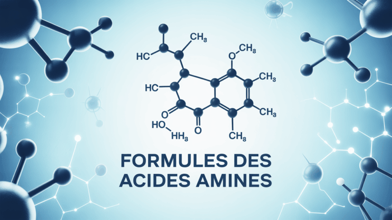 Image centrale representant formule acide amine sur fond bleu ambiance scientifique