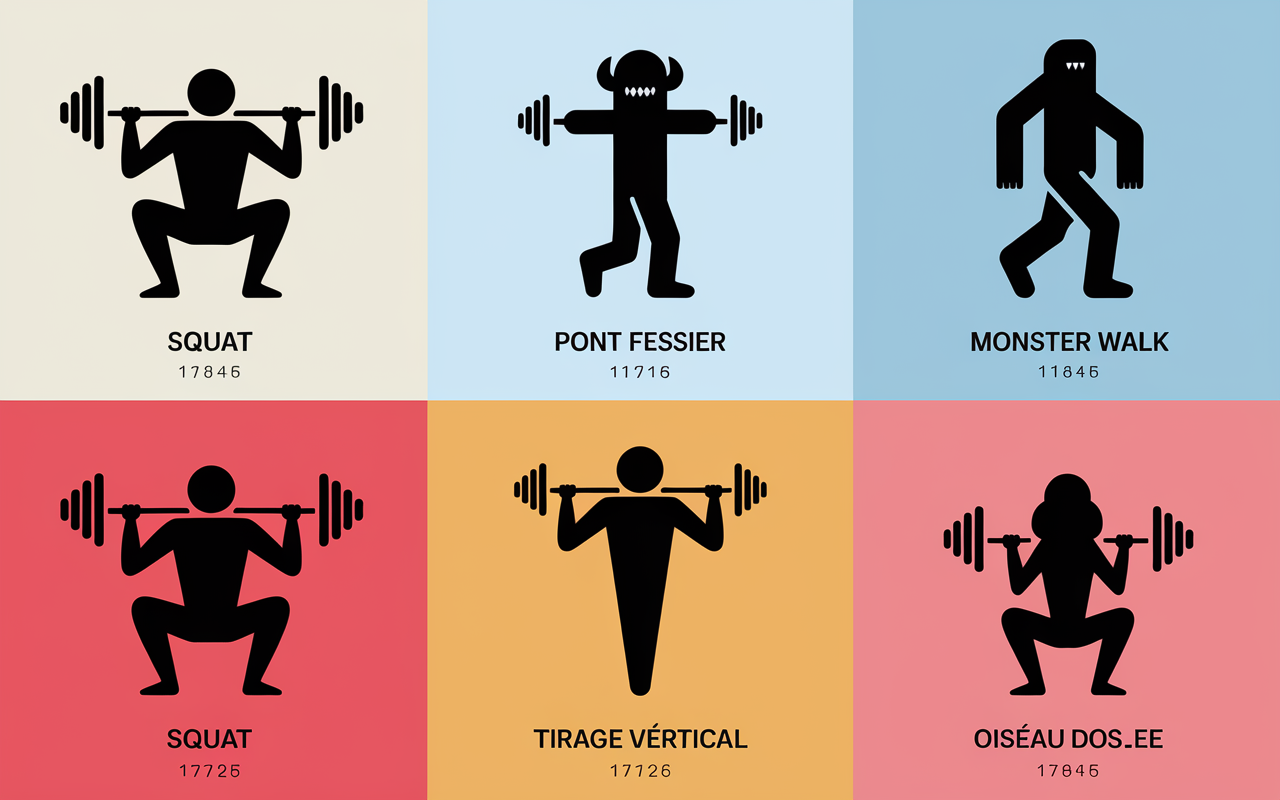 tableau exercices gym avec elastique squat pont monster walk