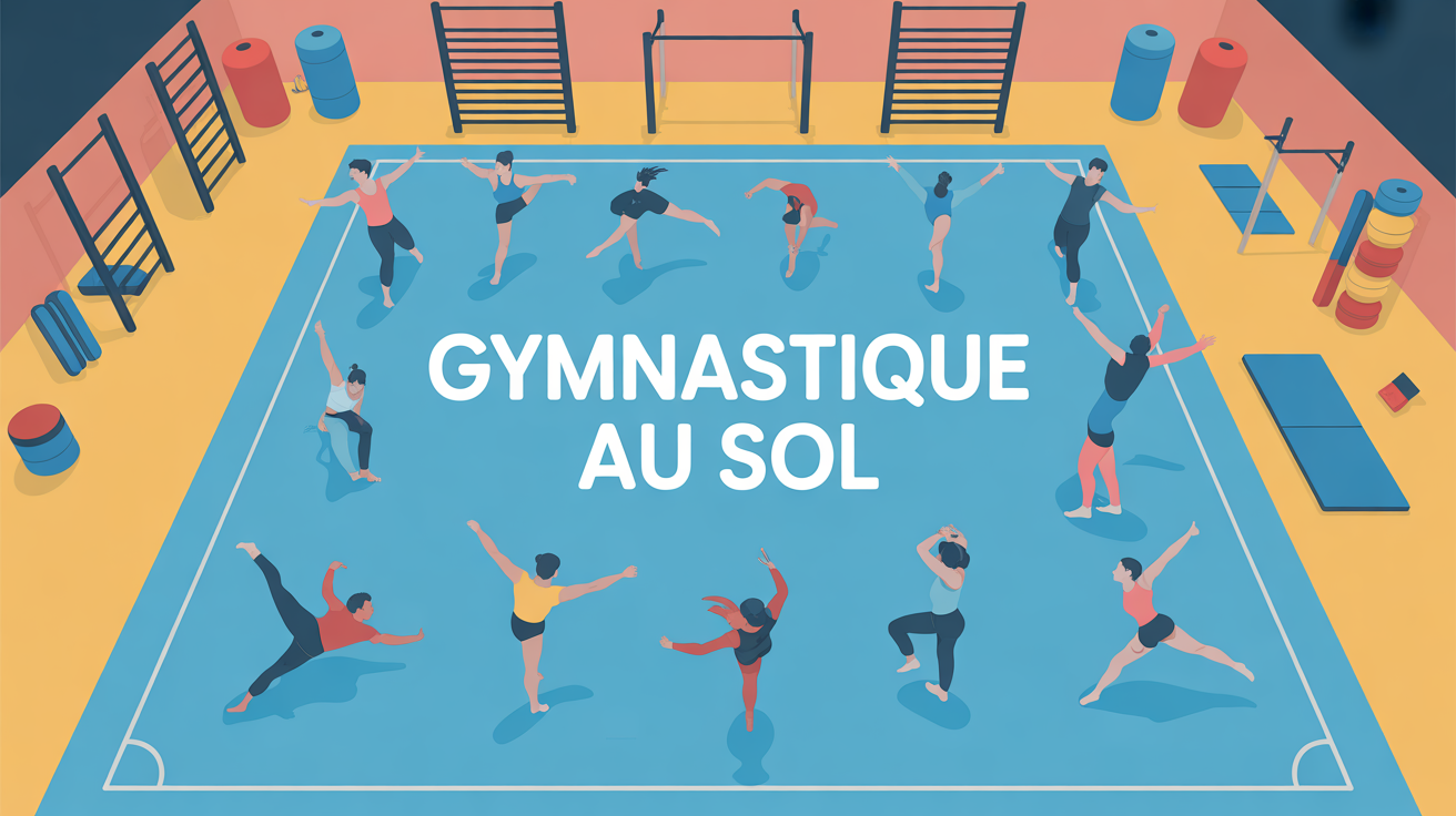 gymnastes en mouvement sur tapis de sol bleu figures techniques