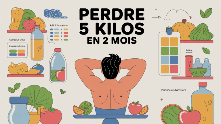 Personnage sur balance aliments sains haltères planning