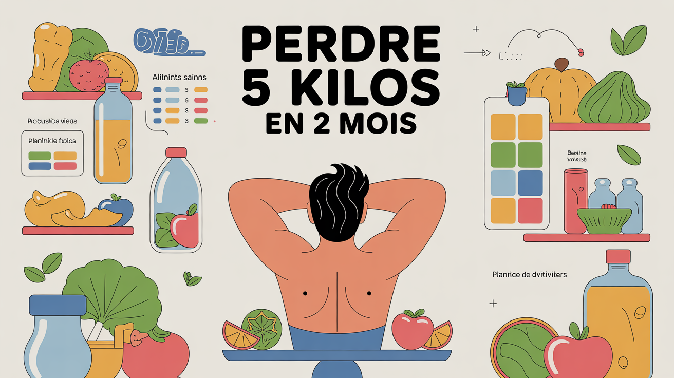 Personnage sur balance aliments sains haltères planning