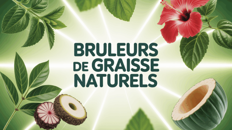 composition de plantes bruleurs de graisse naturels incluant the vert hibiscus konjac spiruline sur fond lumineux