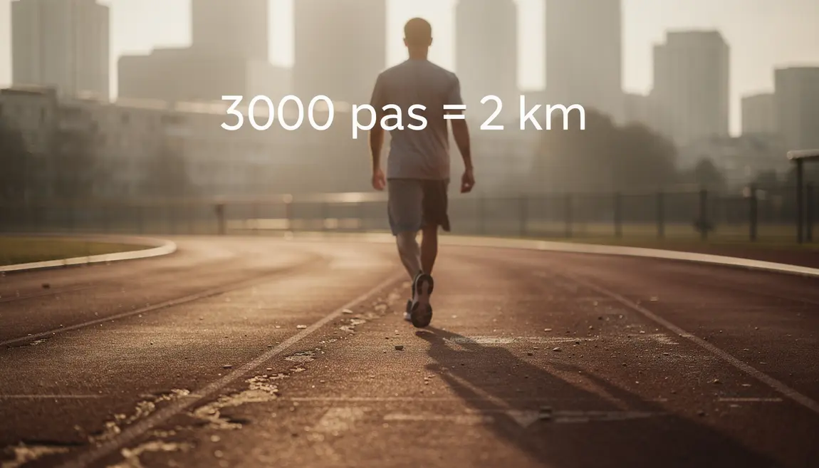 Silhouette marcheur sur piste athlétisme 3000 pas égal 2 km conversion