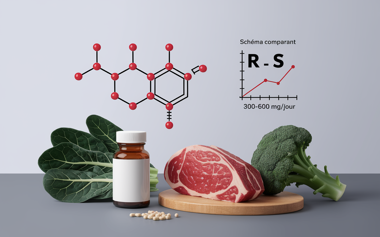 Molecule acide alpha lipoique avec aliments naturels et schema R S