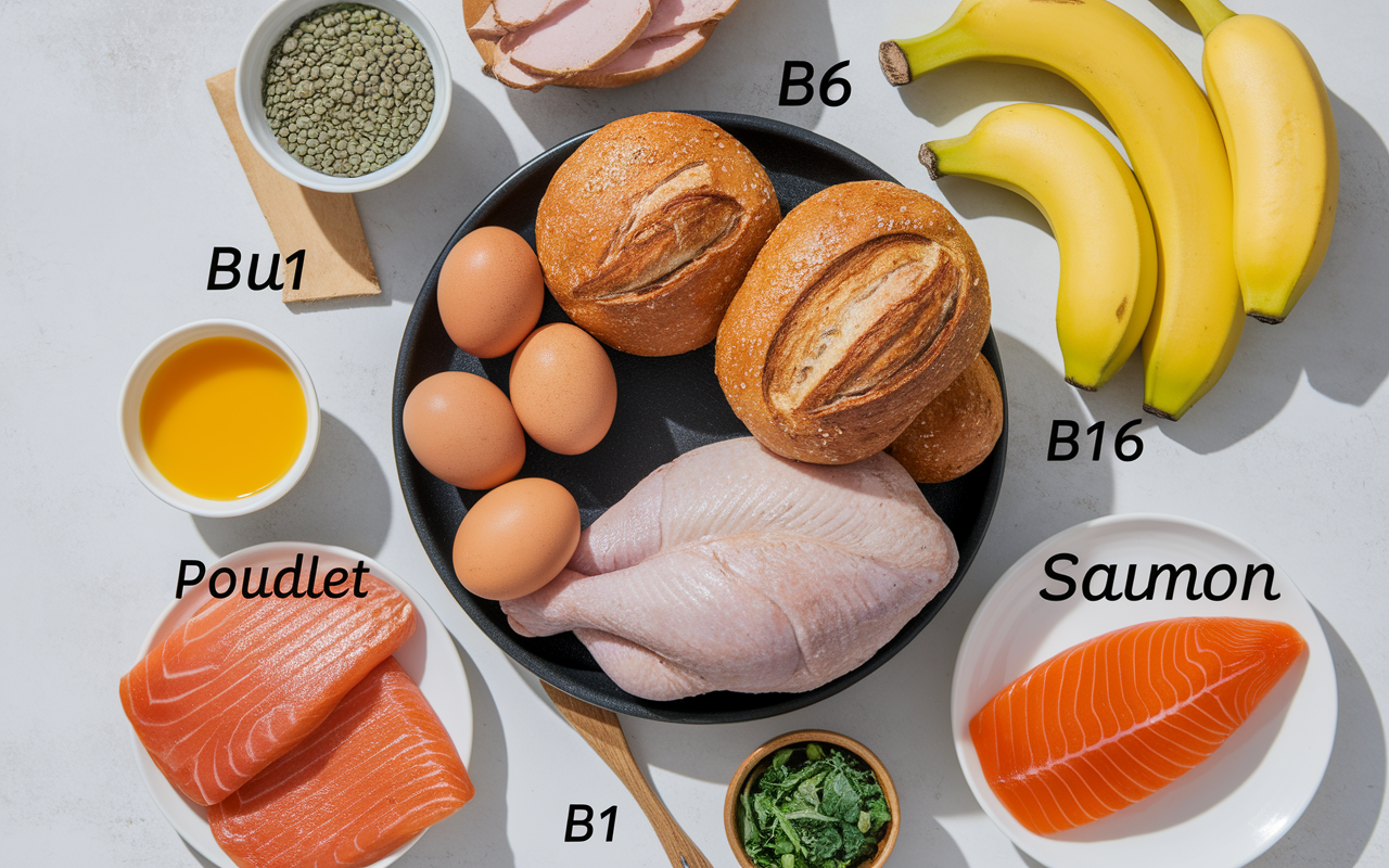Assiette aliments B1 B6 B12 etiquettes visuel nutritif