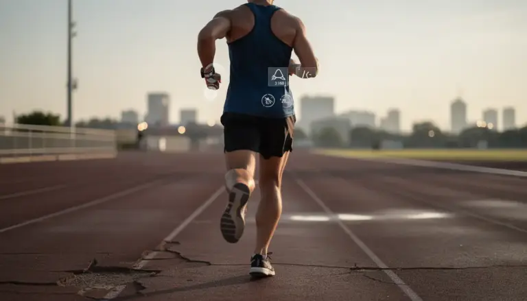 Coureur sur piste surveillant son allure de course avec montre GPS