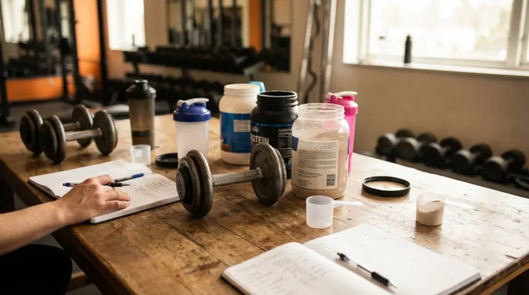 Table de sport avec compléments alimentaires et haltères