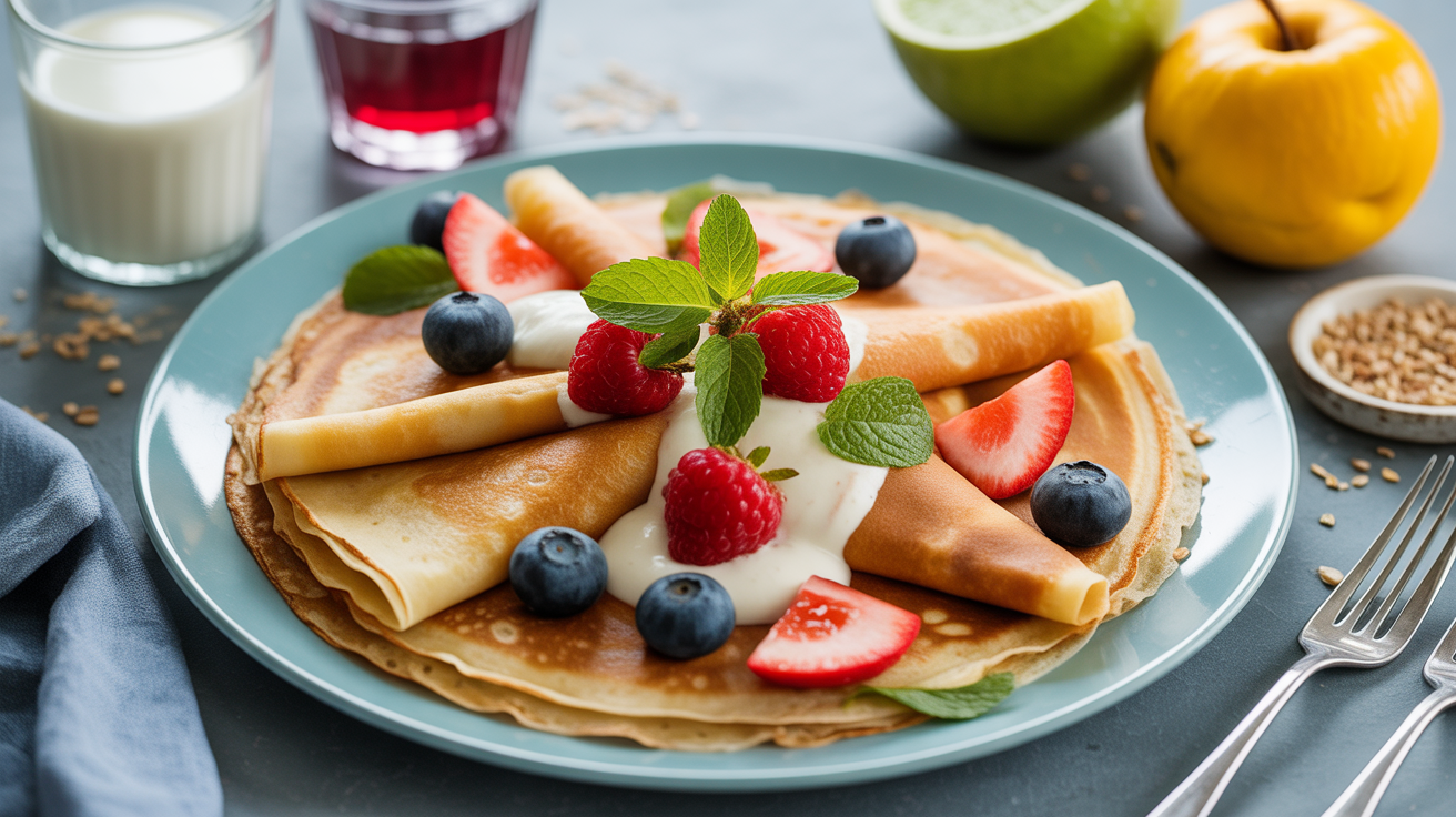 Crêpes protéinées sans whey sur assiette avec fruits et avoine