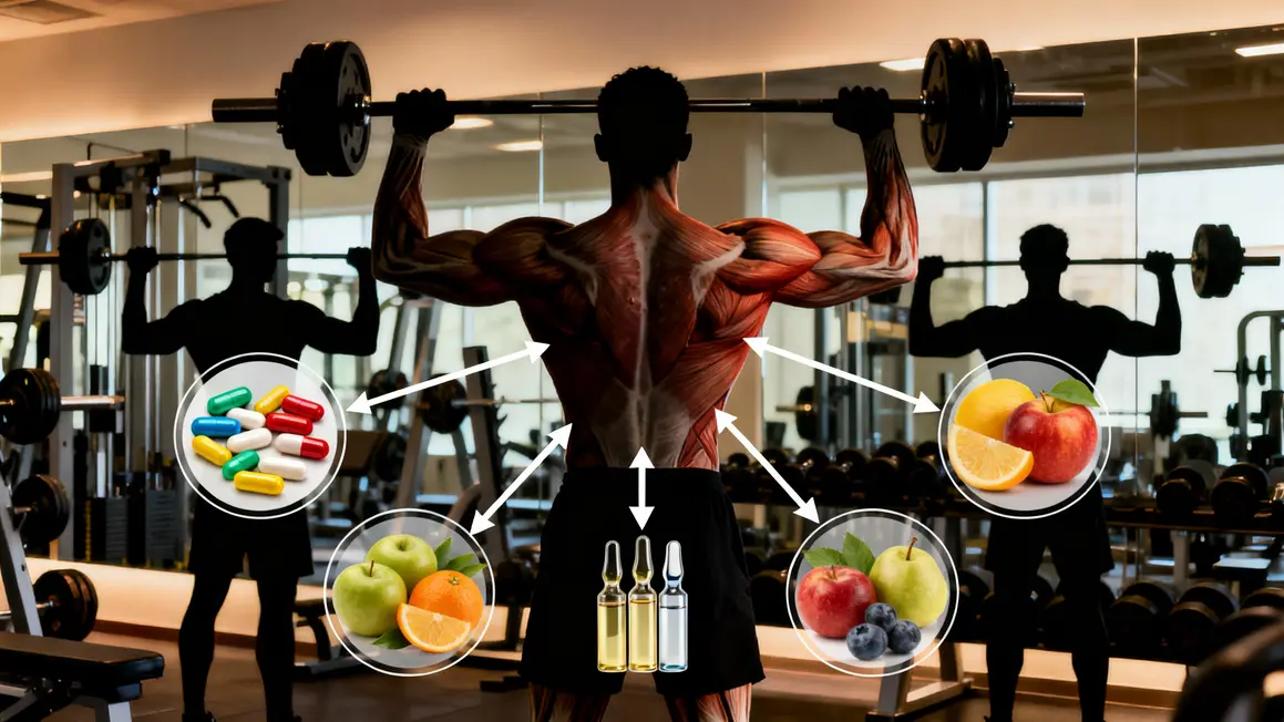 athlètes musculation avec schémas vitamines et aliments