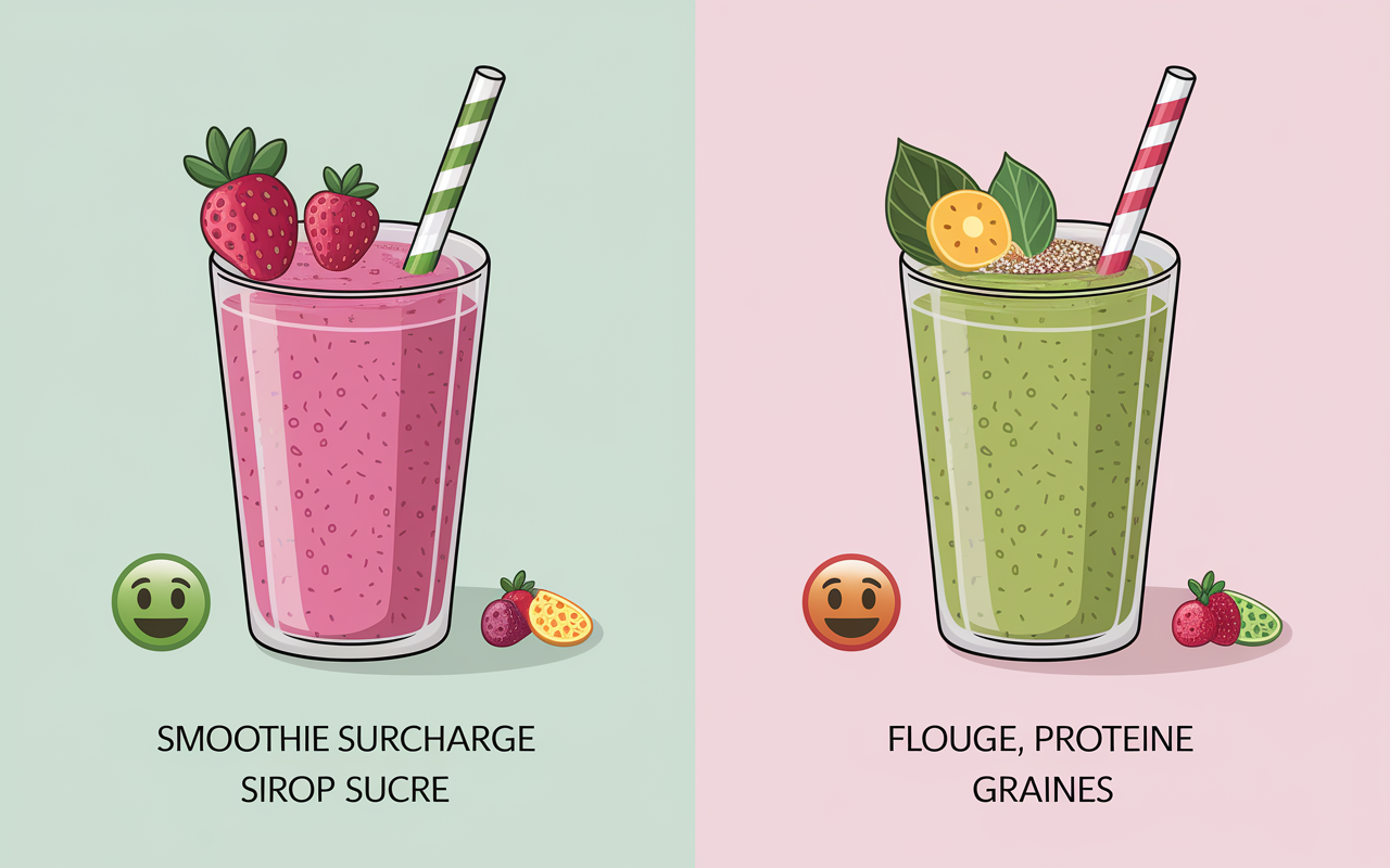 comparaison smoothie sportif équilibré et trop sucré, erreurs fréquentes