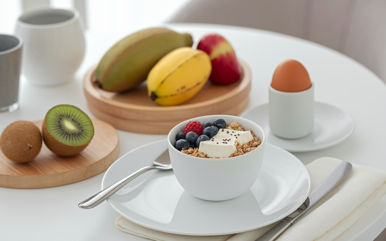 bol fromage blanc granola fruits wrap oeuf