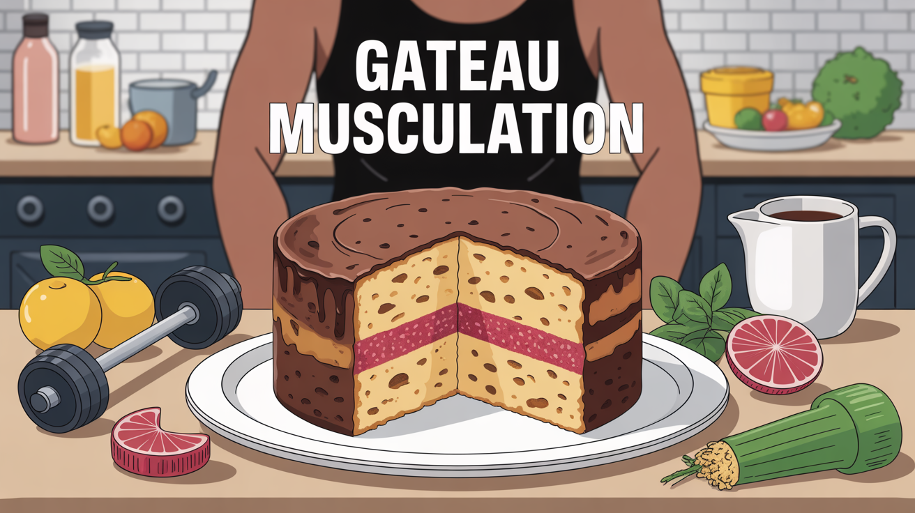 gateau musculation moelleux et baton proteine sur table fitness