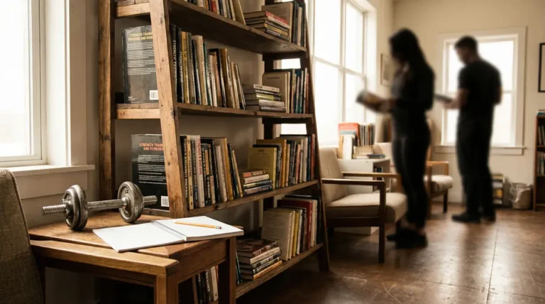étagère avec livres musculation et carnet de notes