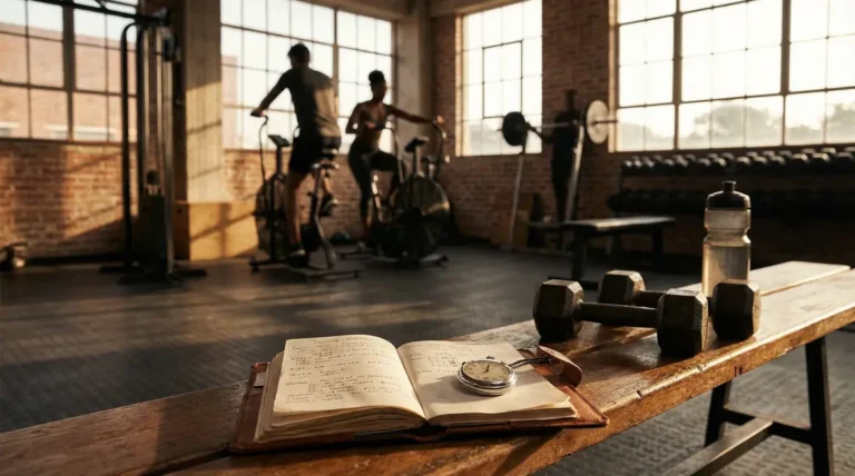 Salle de musculation moderne avec carnet et haltères, motivation musculation