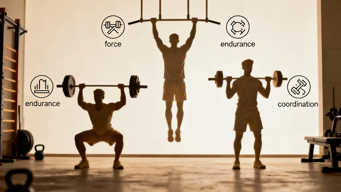 Exercices Crossfit de base avec icones force endurance coordination