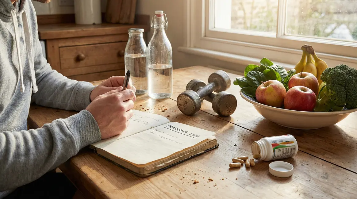 table de cuisine avec multivitamines musculation, fruits, haltères, carnet, ambiance santé