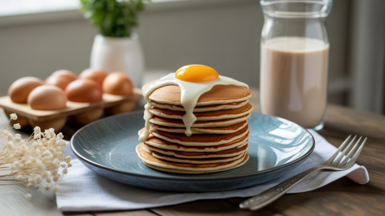pancake proteine prise de masse, whey, haltere, oeufs sur table bois