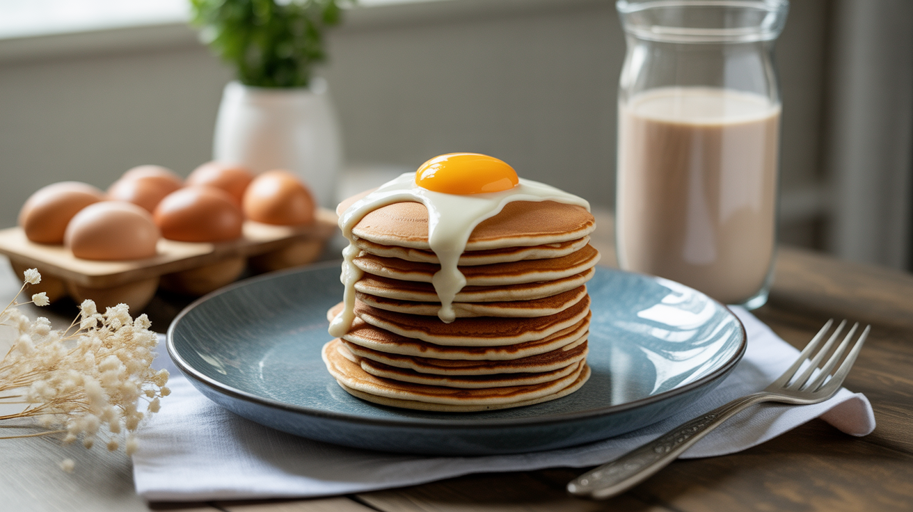 pancake proteine prise de masse, whey, haltere, oeufs sur table bois