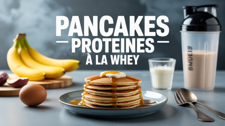 Pancakes protéinés à la whey moelleux sur assiette avec shaker