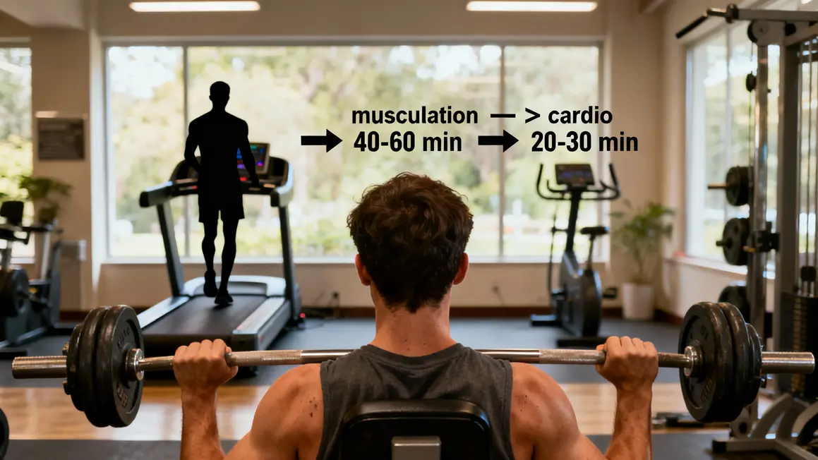 Soulevé poids puis cardio, duree indiquee, salle de sport