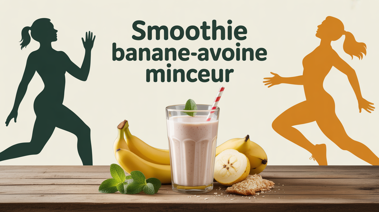 Verre de smoothie banane avoine minceur sur table, ingrédients visibles