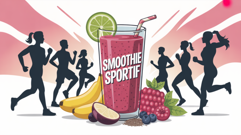 smoothie sportif energetique au centre avec athletes et ingredients