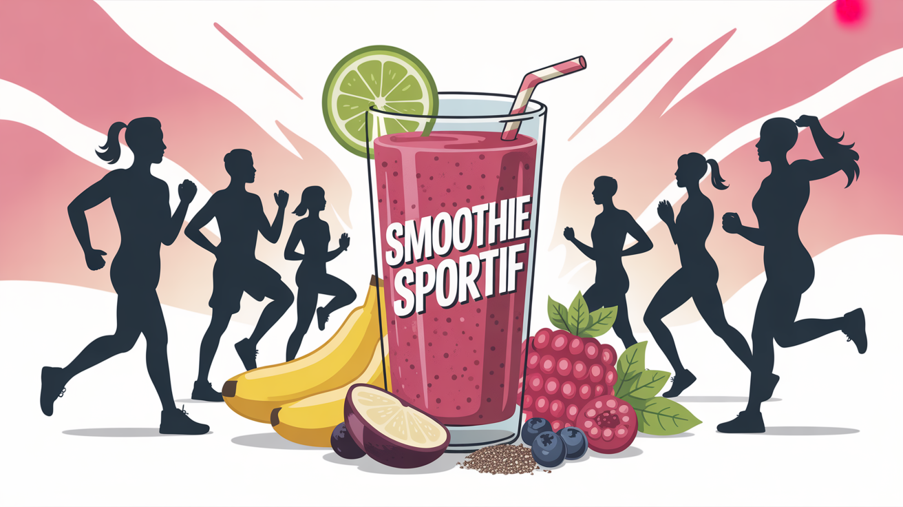 smoothie sportif energetique au centre avec athletes et ingredients