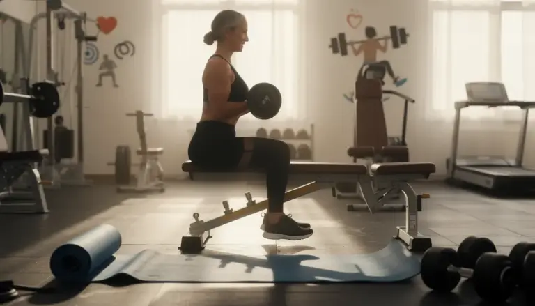 Femme mature pratique musculation salle sport bien etre