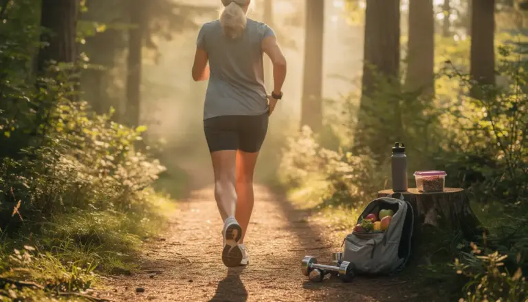 Femme senior marche santé perte graisse abdominale au lever du soleil