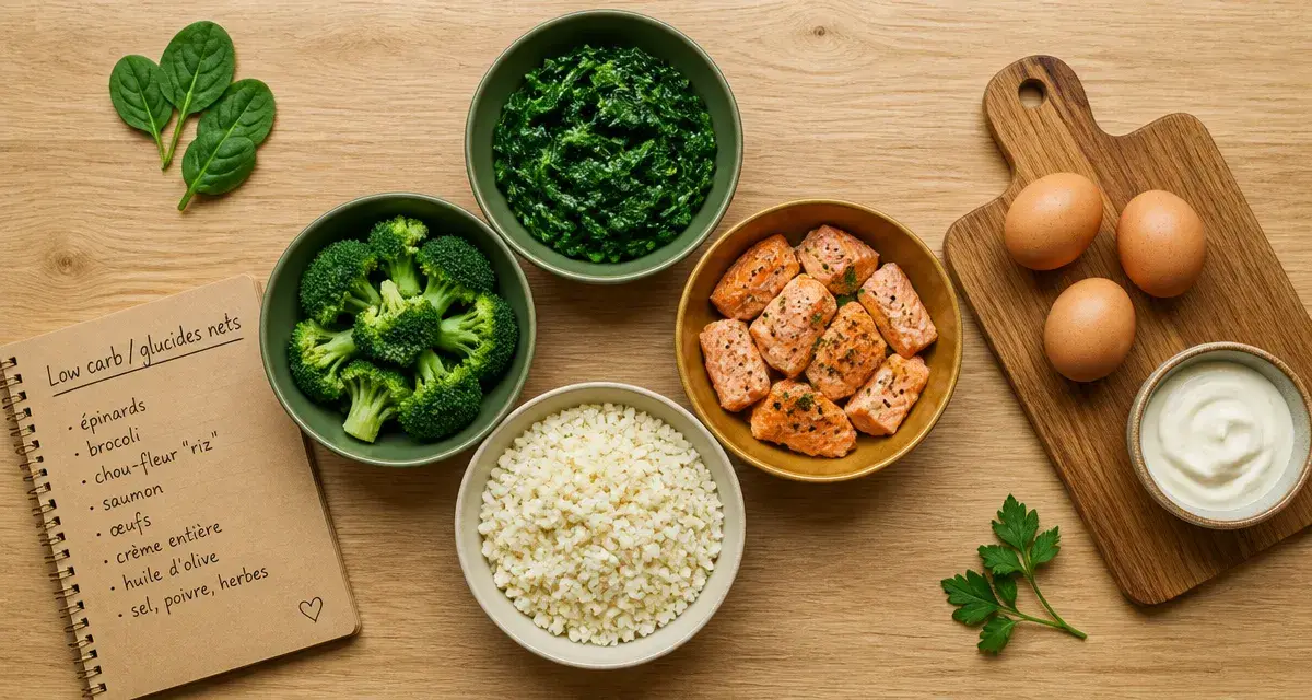 Aliments pauvre en glucide : bols d’épinards, brocoli et saumon, faible glucides