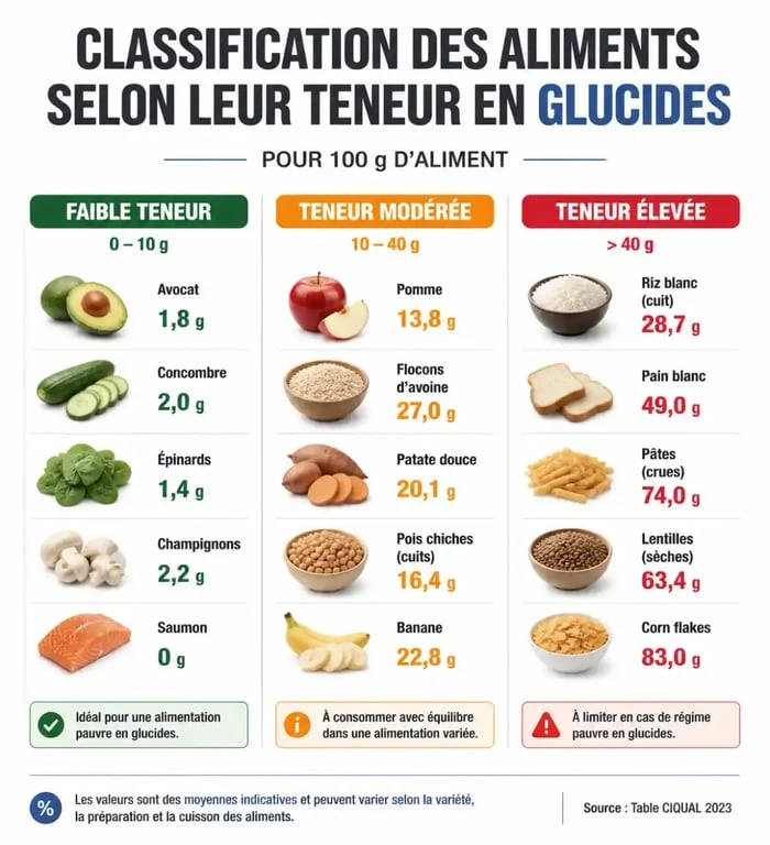 Infographie des aliments pauvres en glucide par catégorie