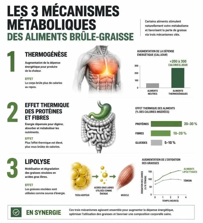 Infographie expliquant les mécanismes physiologiques des aliments brûle-graisse et leur action sur le métabolisme