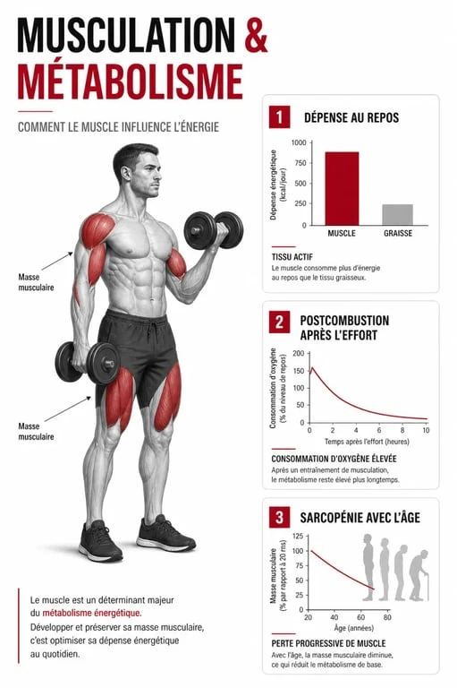 Métabolisme et musculation : schéma du lien entre masse musculaire, calories au repos et dépense énergétique