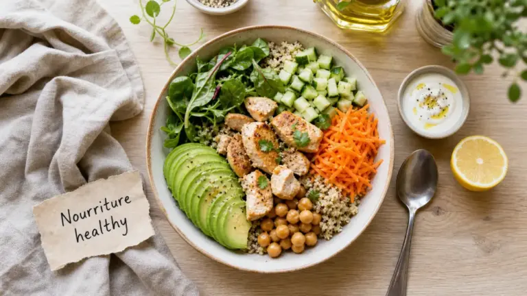 Nourriture healthy : bowl quinoa poulet citron, pois chiches, avocat