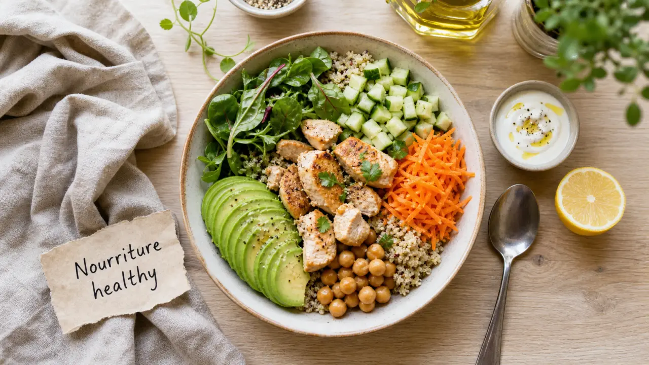 Nourriture healthy : bowl quinoa poulet citron, pois chiches, avocat