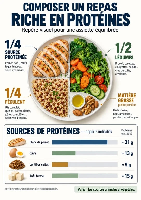 Infographie pour composer un repas riche en proteine avec sources animales et végétales