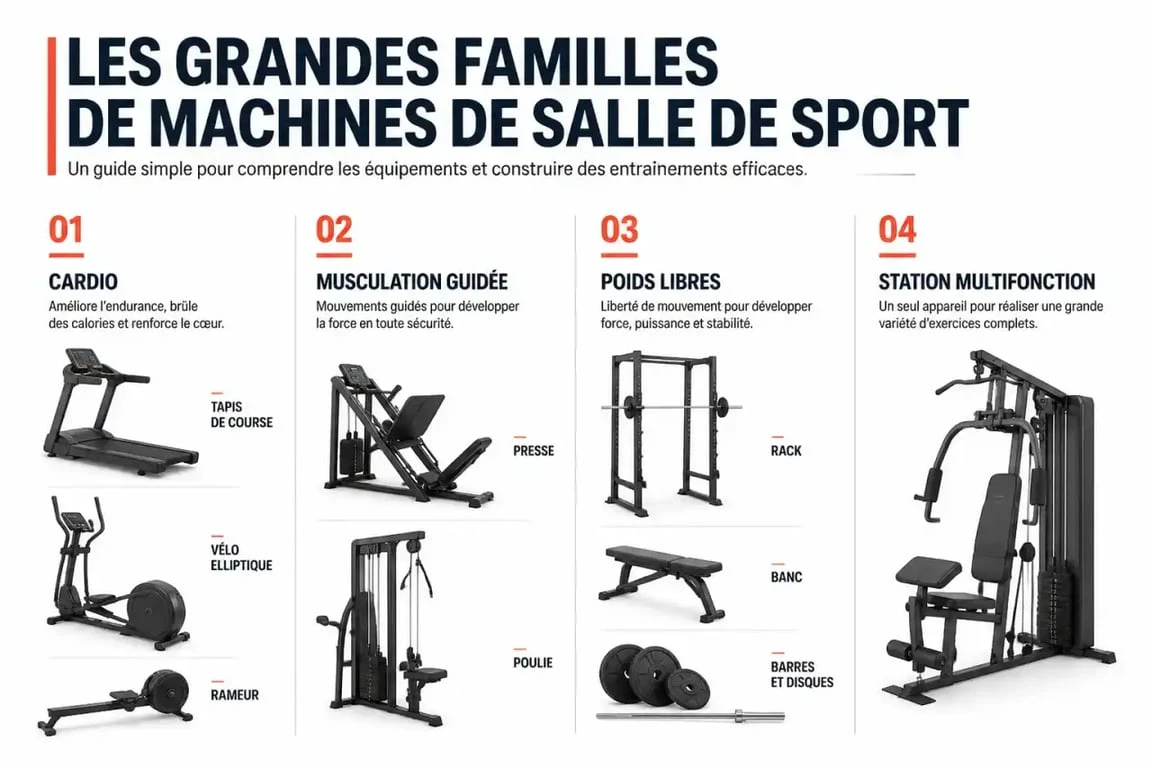 Infographie des principales machines de salle de sport : cardio, musculation guidée, poids libres et station multifonction