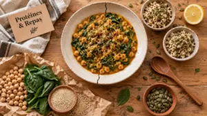 repas riche en proteine : assiette pois chiches, epinards et quinoa, 20 à 30 g