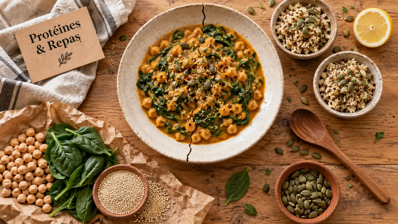 repas riche en proteine : assiette pois chiches, epinards et quinoa, 20 à 30 g