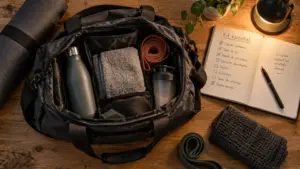 Accessoire pour sport : kit essentiel avec sac, gourde et tapis de sol antidérapant