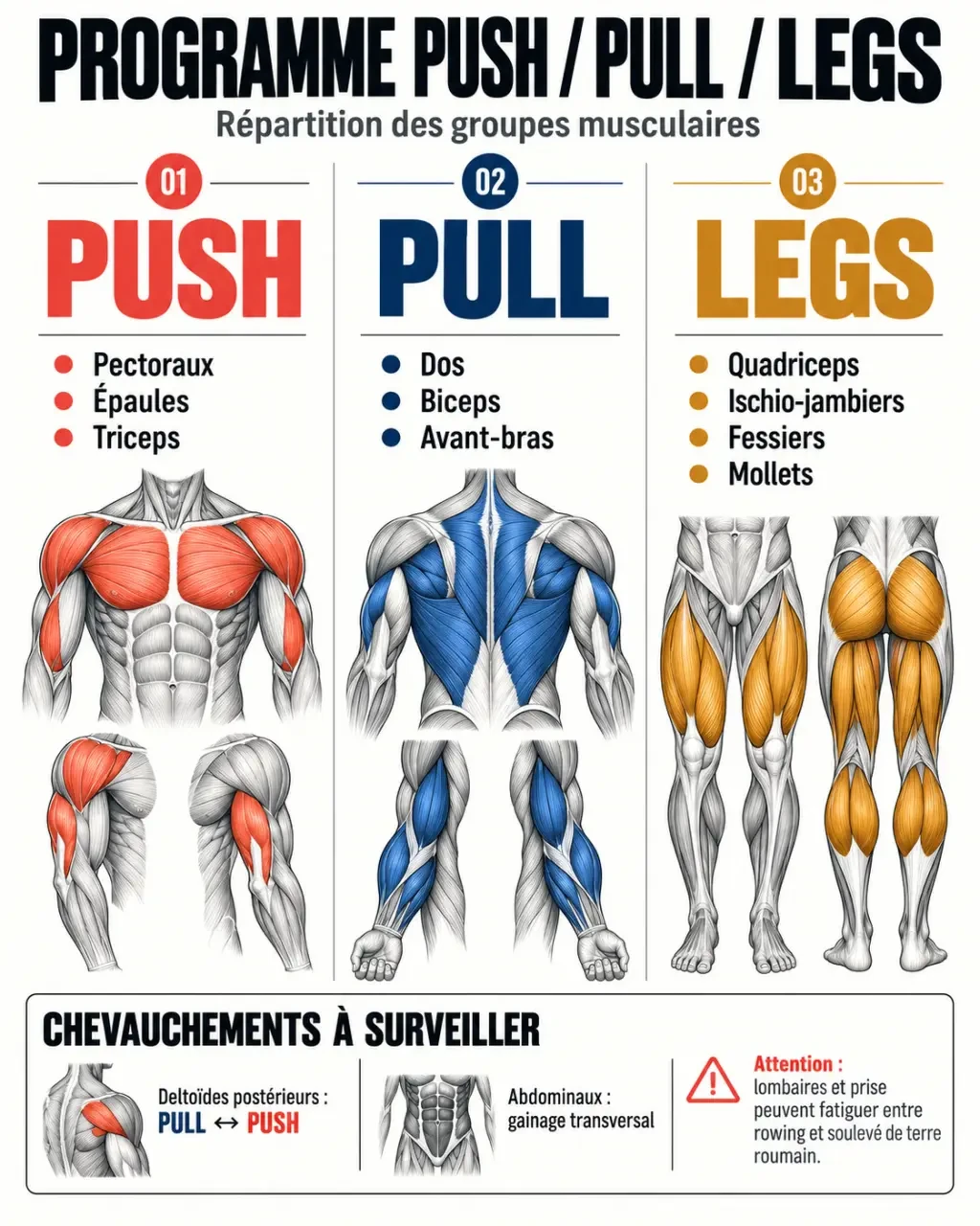 Infographie push pull legs avec la répartition des groupes musculaires entre push, pull et legs