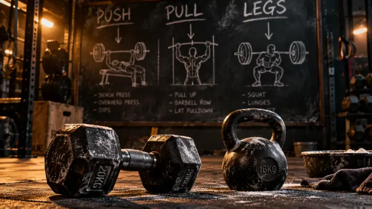 Push pull legs : haltère et kettlebell, salle de sport, 3 séances