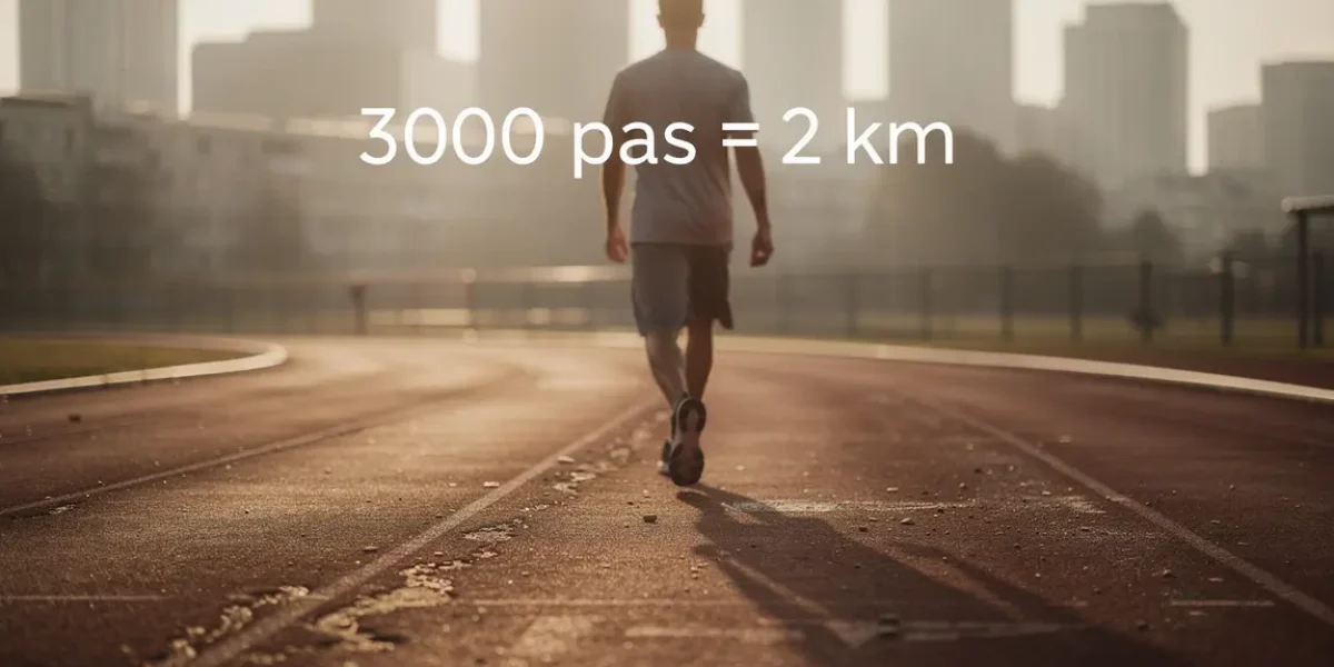 Silhouette marcheur sur piste athlétisme 3000 pas égal 2 km conversion