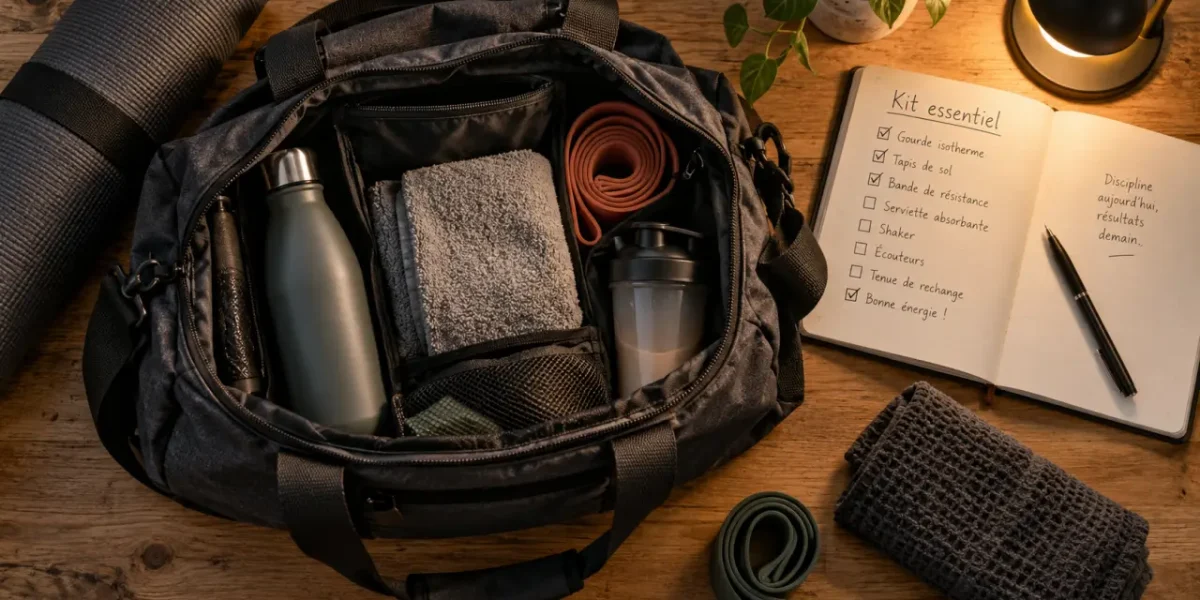 Accessoire pour sport : kit essentiel avec sac, gourde et tapis de sol antidérapant