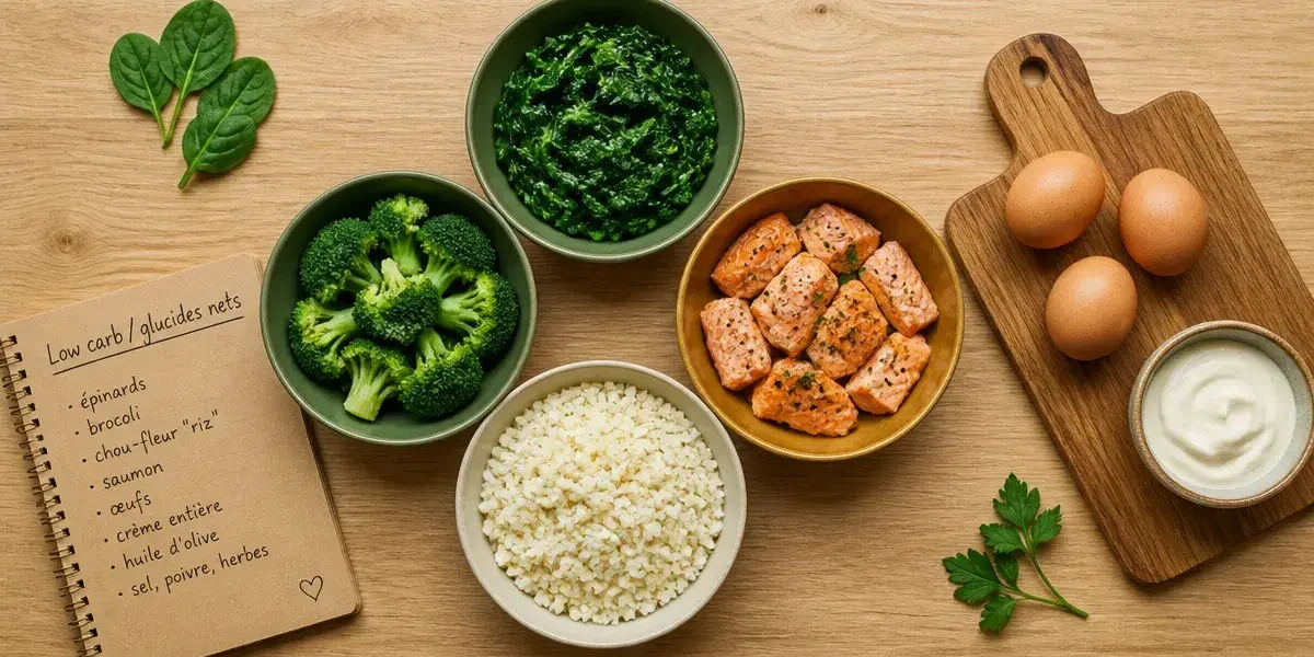 Aliments pauvre en glucide : bols d’épinards, brocoli et saumon, faible glucides