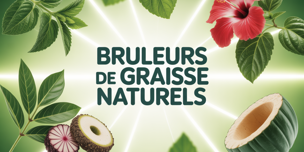 composition de plantes bruleurs de graisse naturels incluant the vert hibiscus konjac spiruline sur fond lumineux